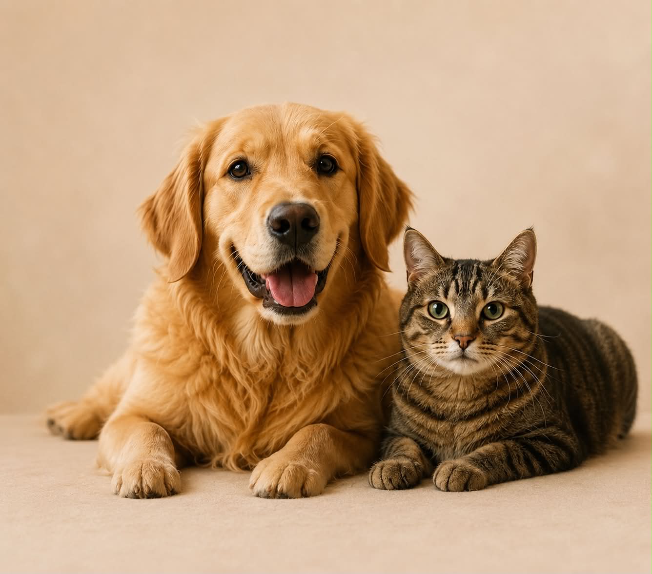A golden retriever and tabby cat at St. Francis Veterinary Hospital